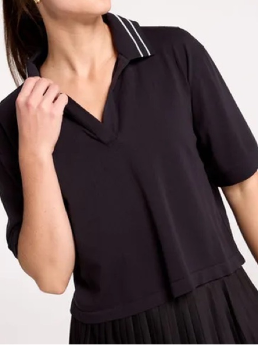 CALIA by Carrie Underwood Black V-Neck Polo Crop Top with Stripe Collar